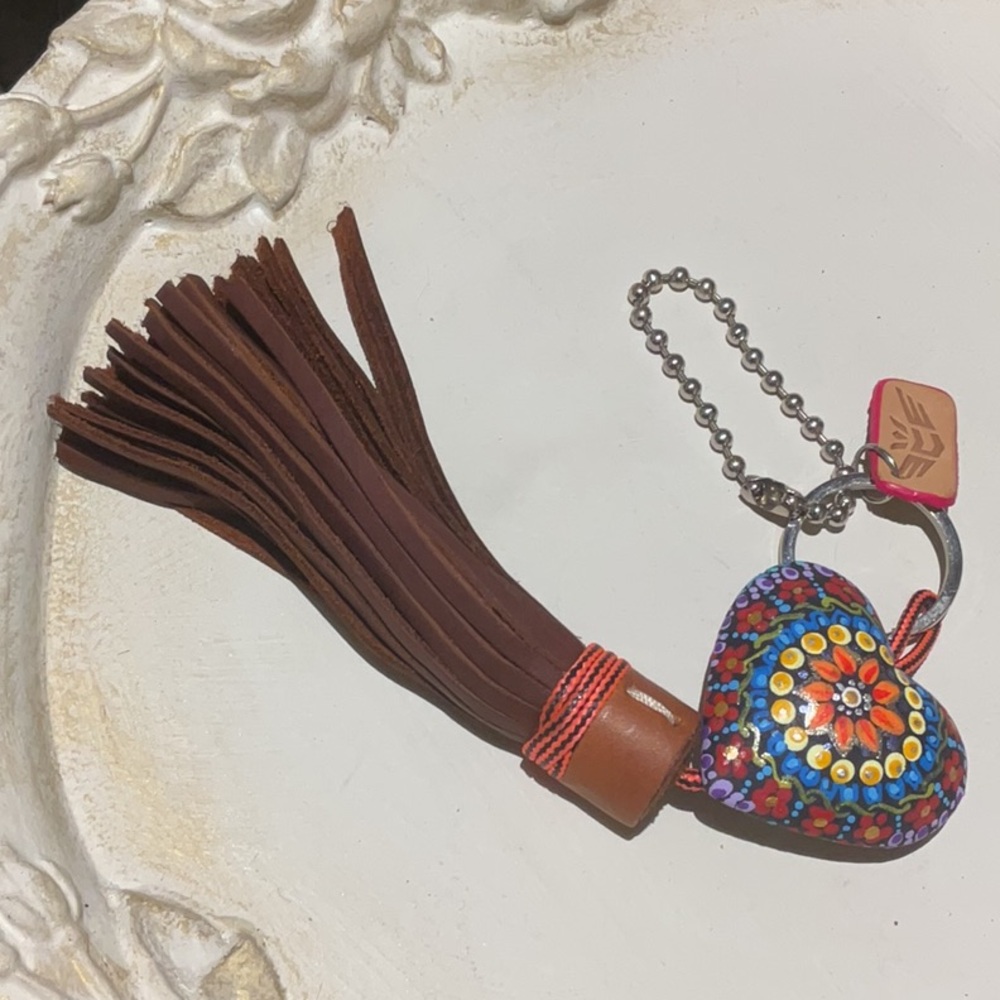 Heart Bead Tassel Keychain - Brown Leather with Multicolor Heart Charm